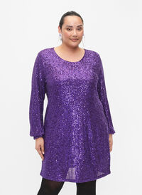 Short sequin dress with long sleeves, Grape Juice, Model