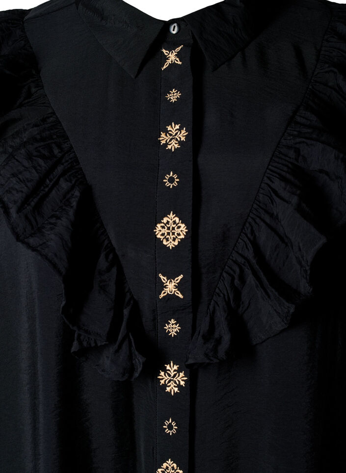 Shirt dress with ruffles and embroidery, Black, Packshot image number 2