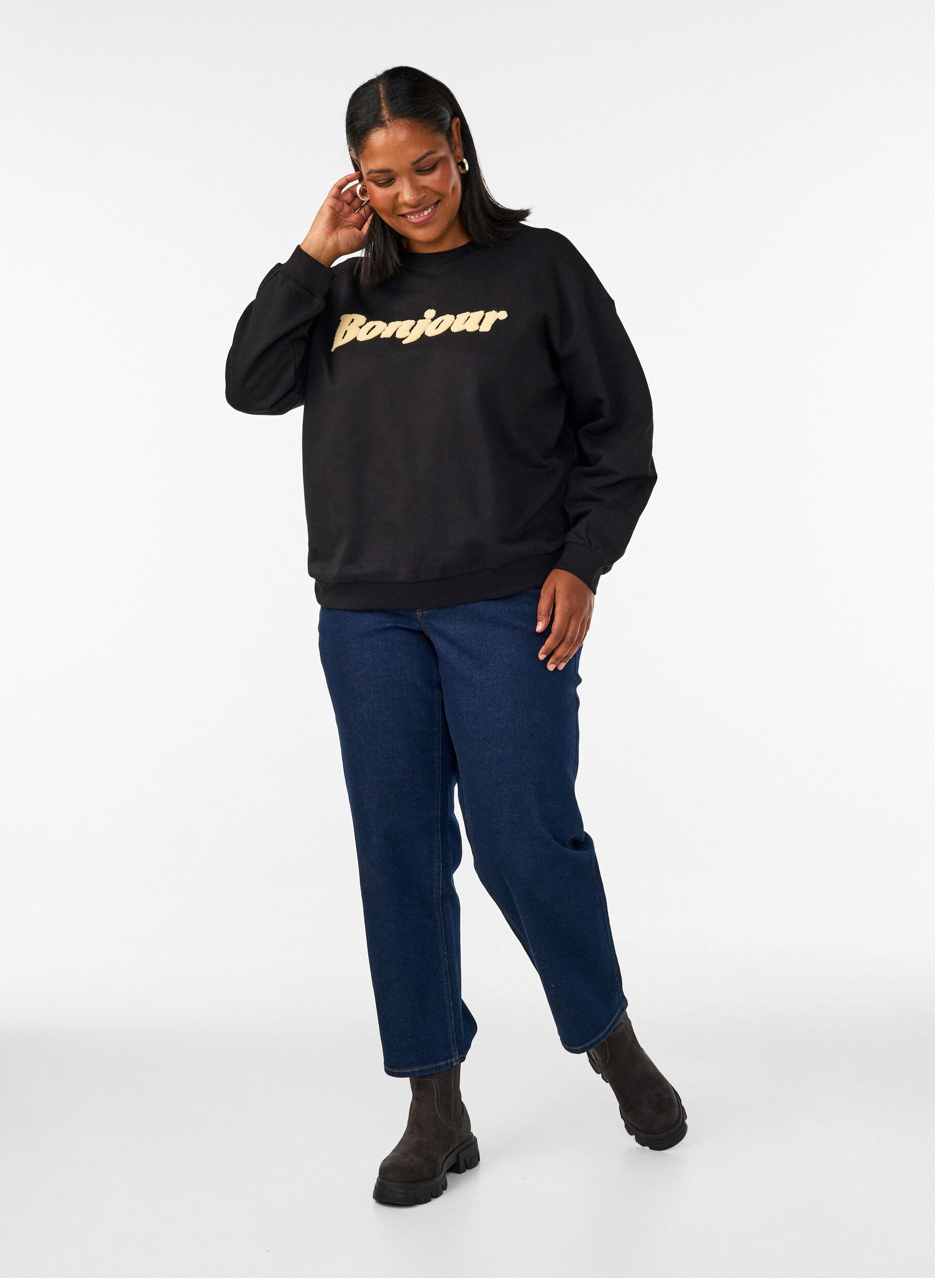ZizzifashionSweatshirt with boucl&eacute; text motif, Black, Model image number 1