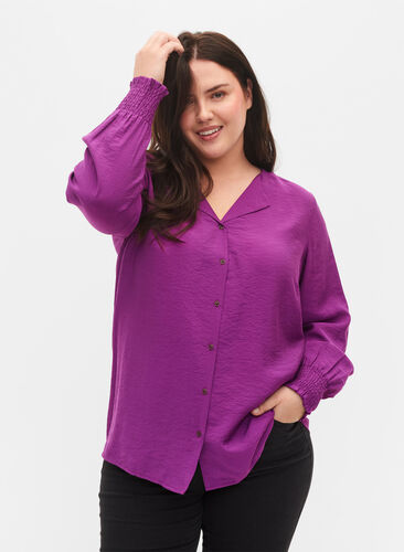 Viscose shirt with smock sleeves, Grape Juice, Model image number 0