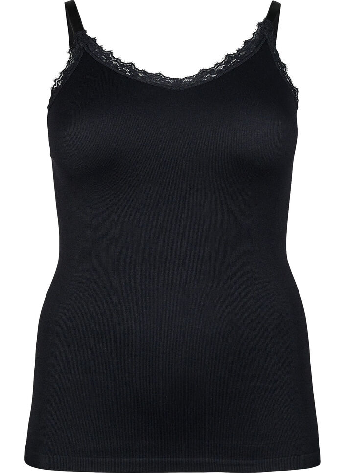 Seamless top with lace trim, Black, Packshot image number 0