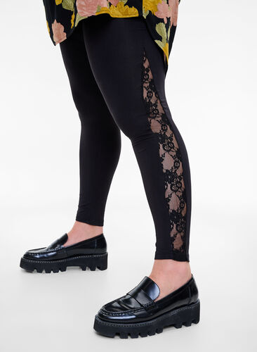 Leggings in viscose with lace details, Black, Model image number 0