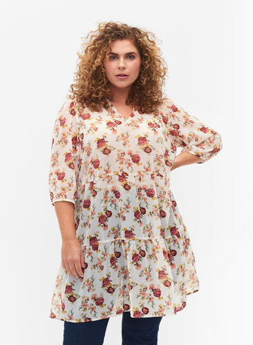 FLASH - Printed tunic with 3/4 sleeves, Off White Flower, Model image number 0