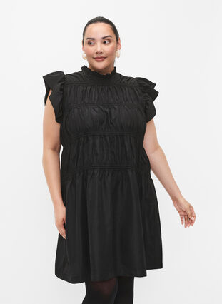 Dress with ruffles and elastic cutlines, Black, Model image number 0