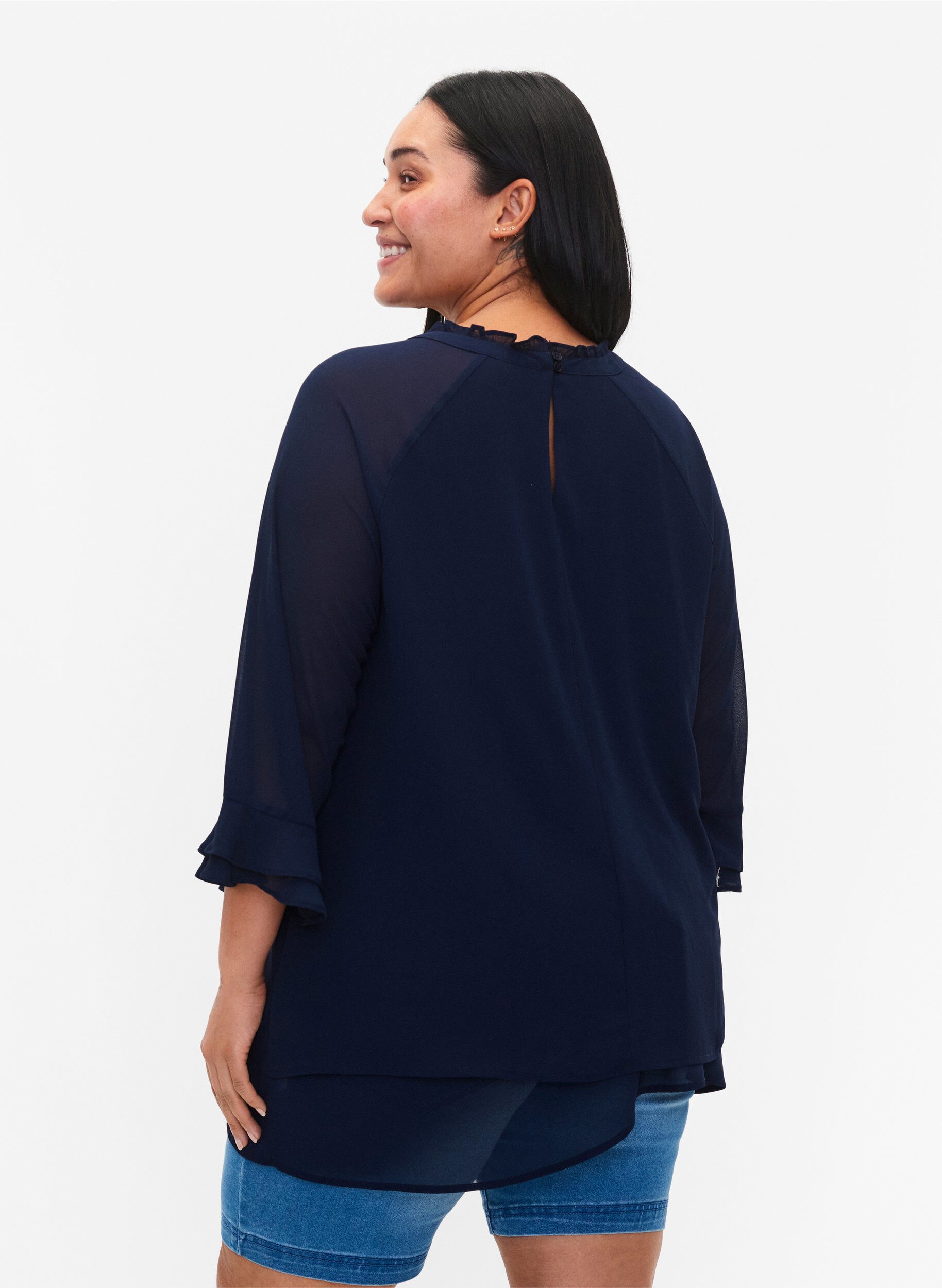 Zizzifashion Blouse with asymmetric hem and 3/4 sleeves, Navy Blazer, Model image number 1