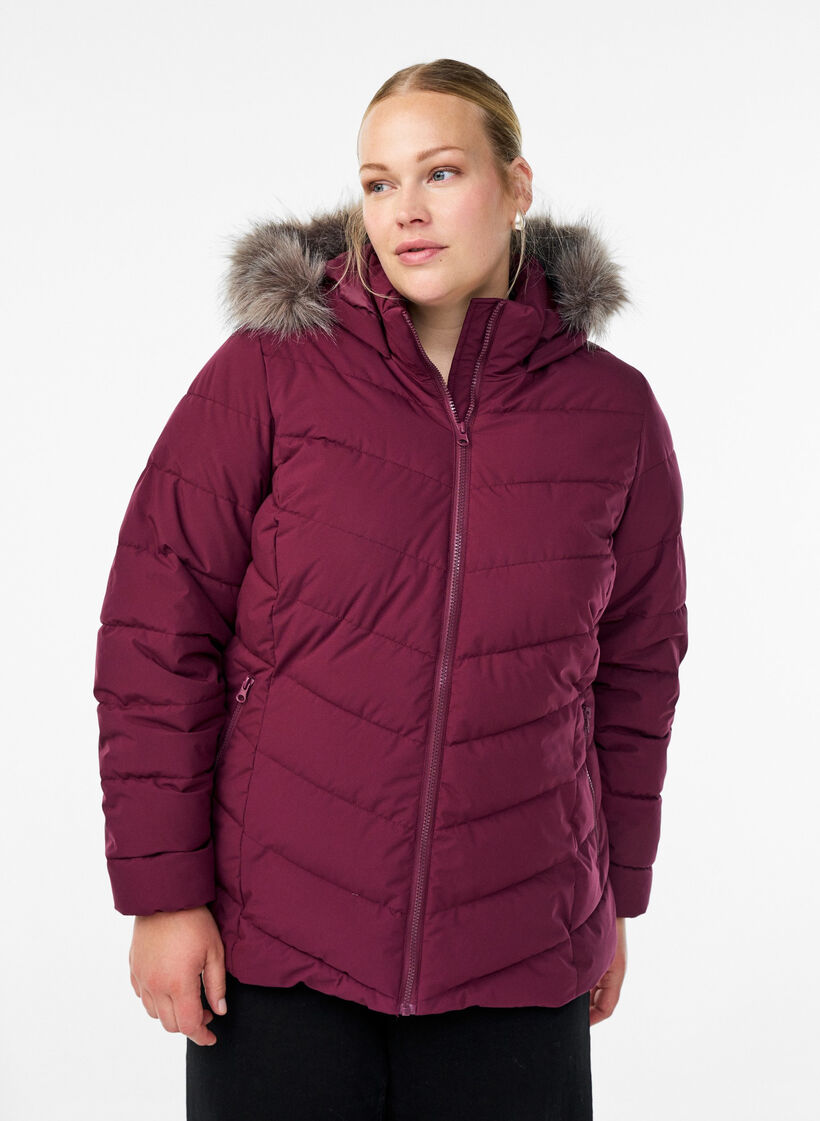 Short puffer jacket with hood, Dark Bordeaux, Model image number 0
