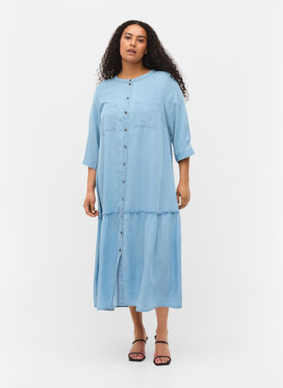 Midi dress with button fastening and 3/4 sleeves, Light blue denim, Model image number 2