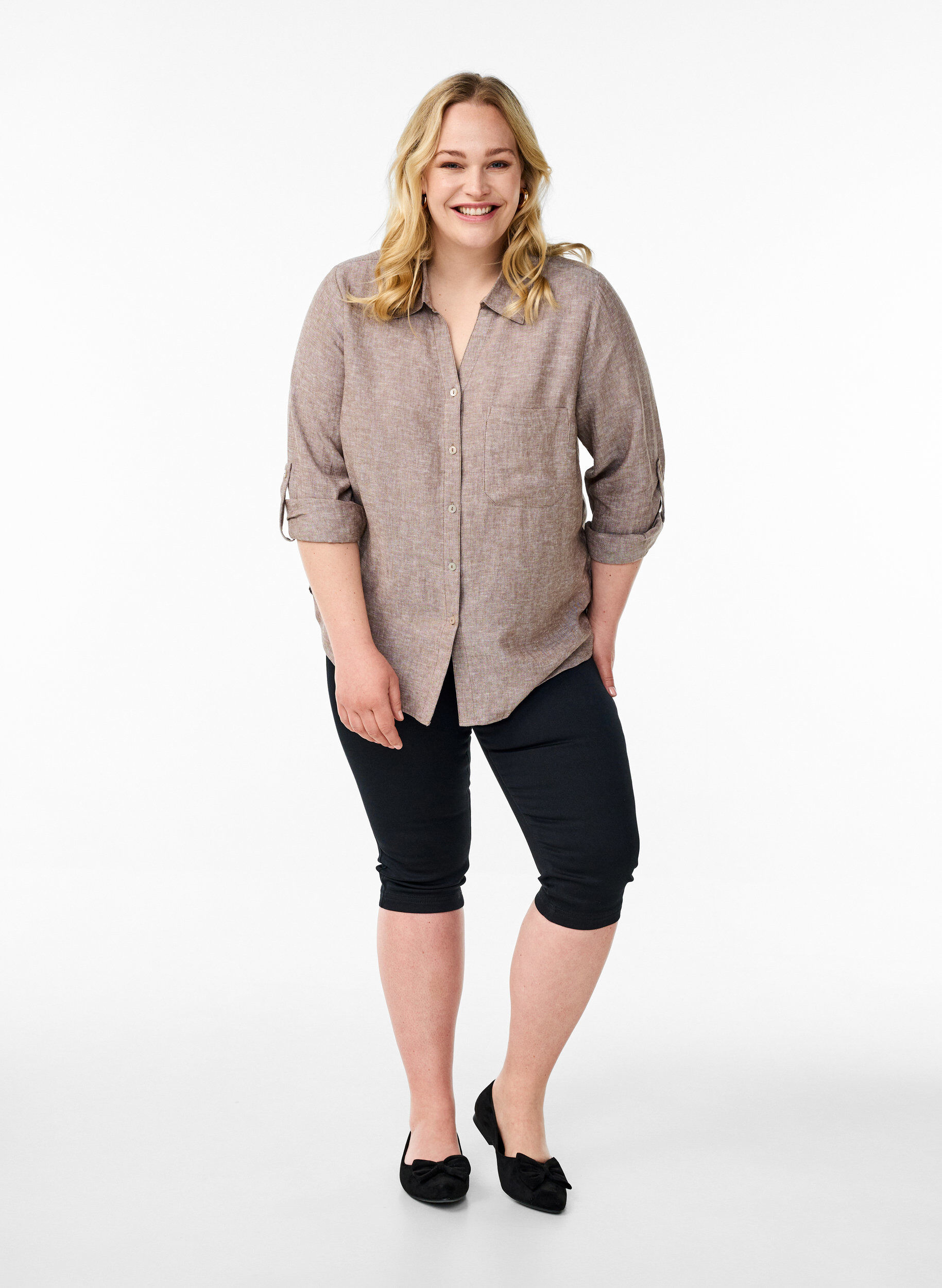 ZizzifashionShirt in linen and viscose with 3/4 sleeves, Brown, Model image number 1