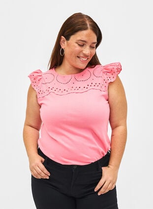 Organic cotton T-shirt with broderie anglaise, Strawberry Pink , Model image number 0