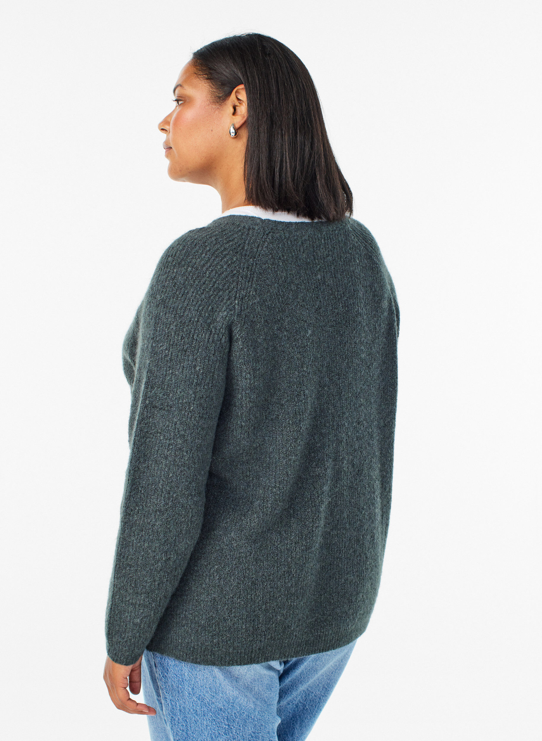 Zizzifashion Knitted blouse with V-neck and raglan sleeves, Green, Model image number 2