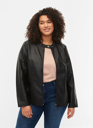 Faux leather jacket with pockets, Black, Model image number 0