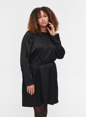 Dress with puff sleeves and belt, Black, Model image number 0