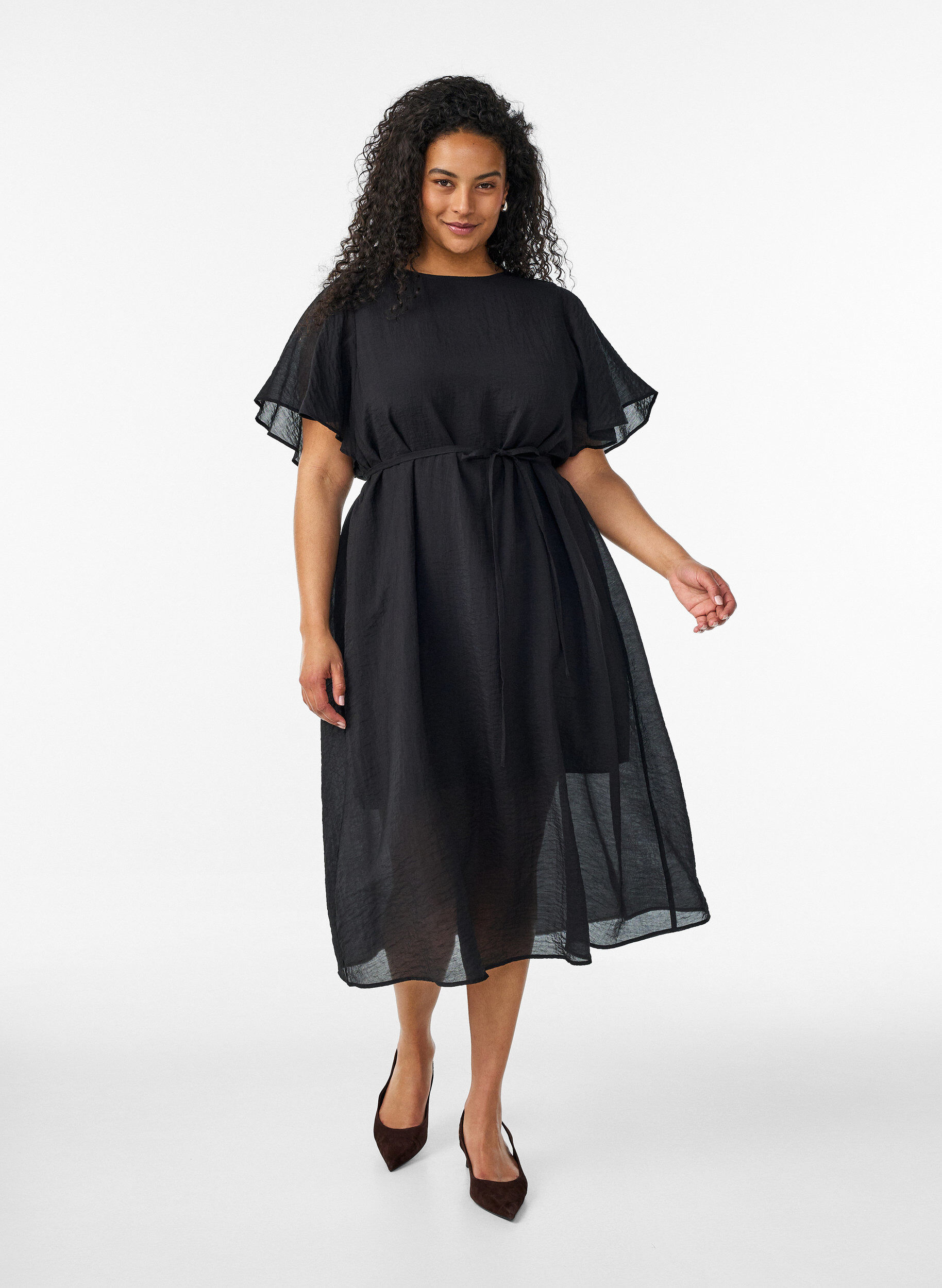 ZizzifashionAnkle-length dress with flutter sleeves and tie-waist, Black, Model image number 0