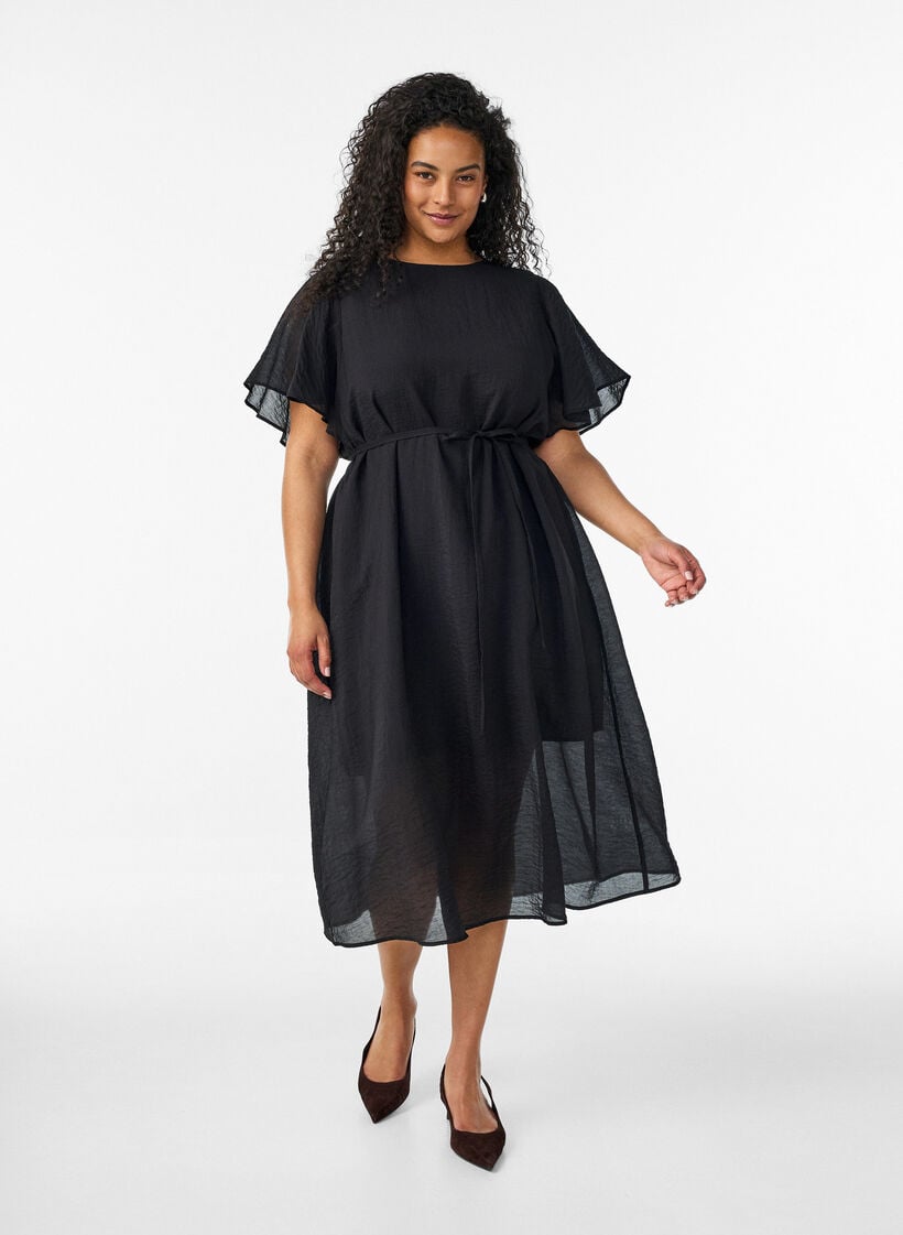 Ankle-length dress with flutter sleeves and tie-waist, Black, Model image number 0