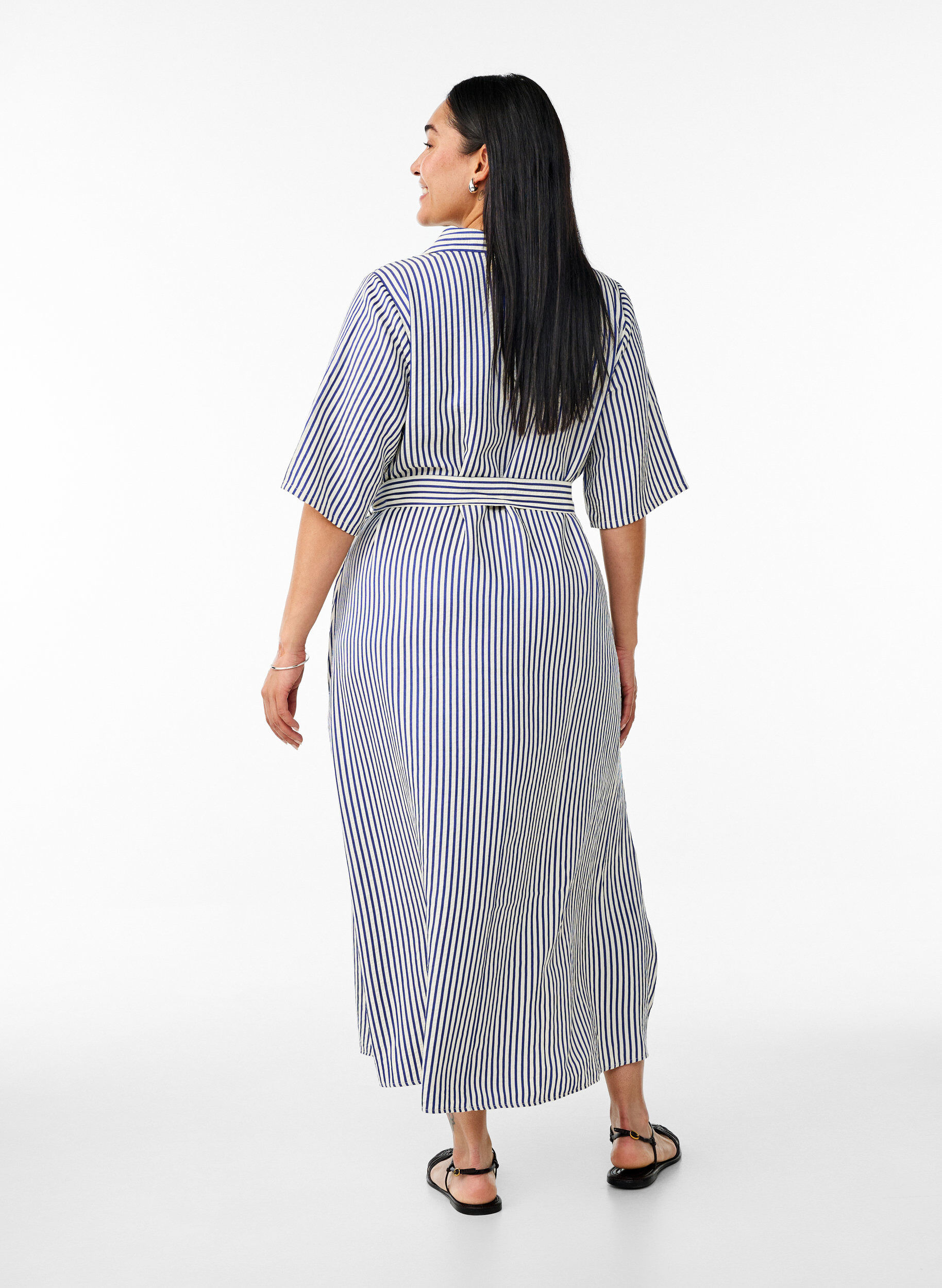 Zizzifashion Ankle-length shirt dress with tie belt and stripes, Blue, Model image number 1