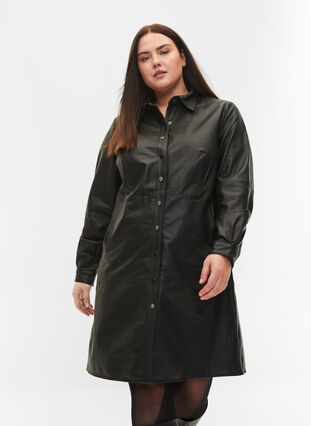 Leather dress with long sleeves and button fastening, Black, Model image number 2