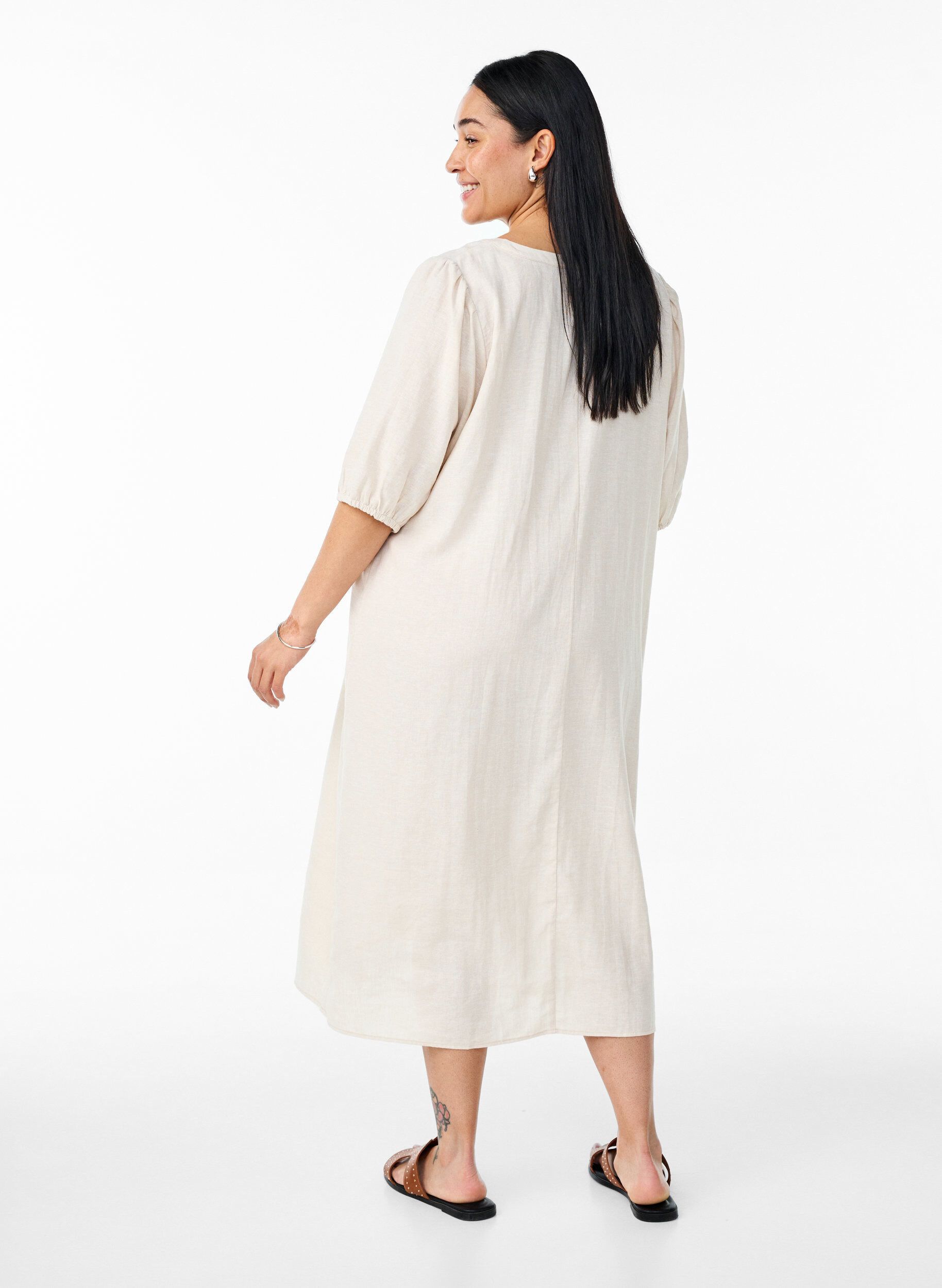 Zizzifashion Midi dress in linen and viscose with short sleeves, Beige, Model image number 1