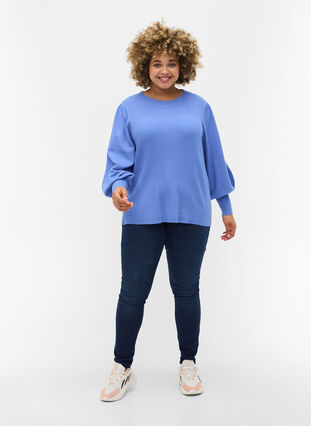 Ribbed blouse with balloon sleeves, Ultramarine Mel., Model image number 2