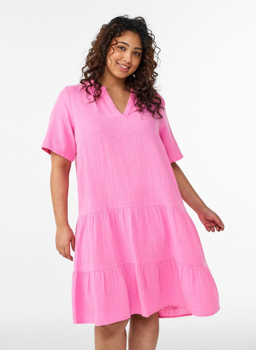 Short A-line dress in cotton muslin, Pink, Model image number 0