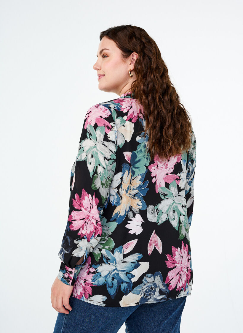 Long-sleeved blouse with floral print, Rose Flower AOP, Model image number 1