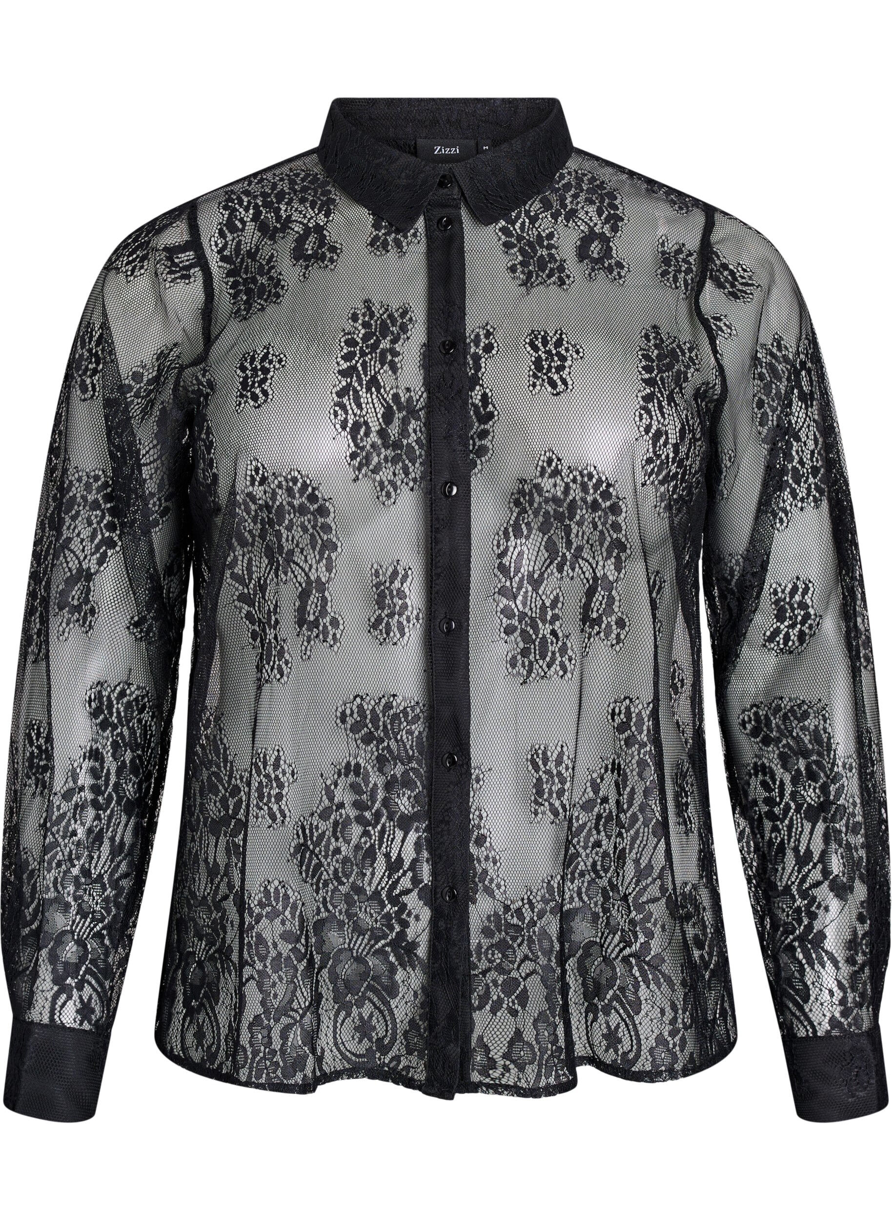 Zizzifashion Transparent lace shirt with long sleeves, Black, Packshot image number 0