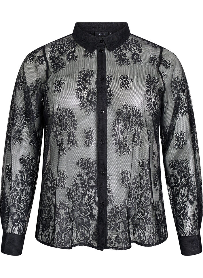 Transparent lace shirt with long sleeves, Black, Packshot image number 0