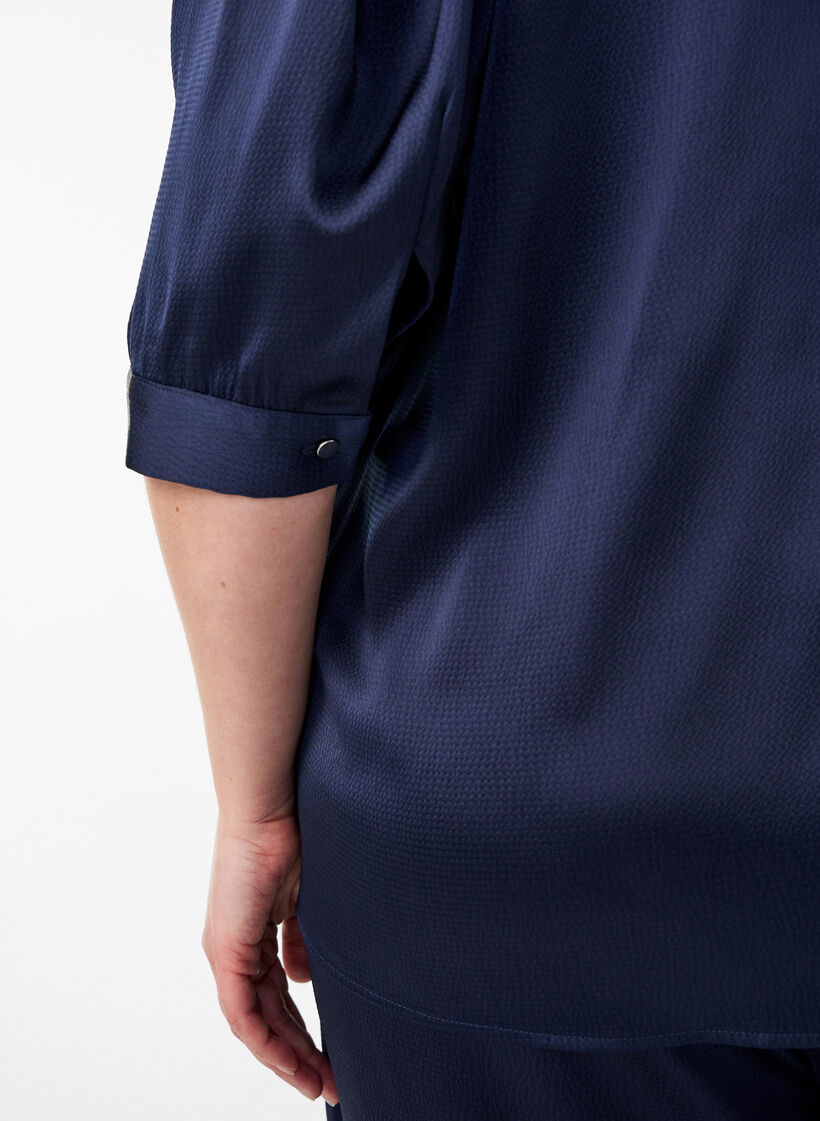Satin-look blouse with 1/2 sleeves and a ruffle collar, Blue, Model image number 3