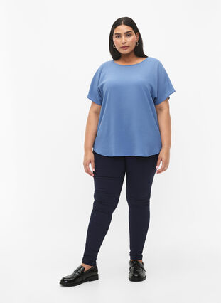 Blouse with short sleeves and a round neckline, Moonlight Blue, Model image number 2