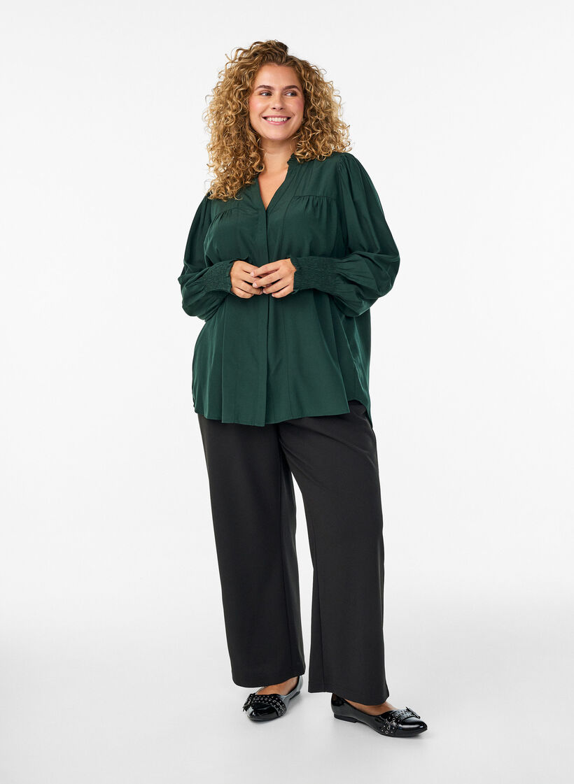 Blouse with ruffle collar and ruching, Green, Model image number 1