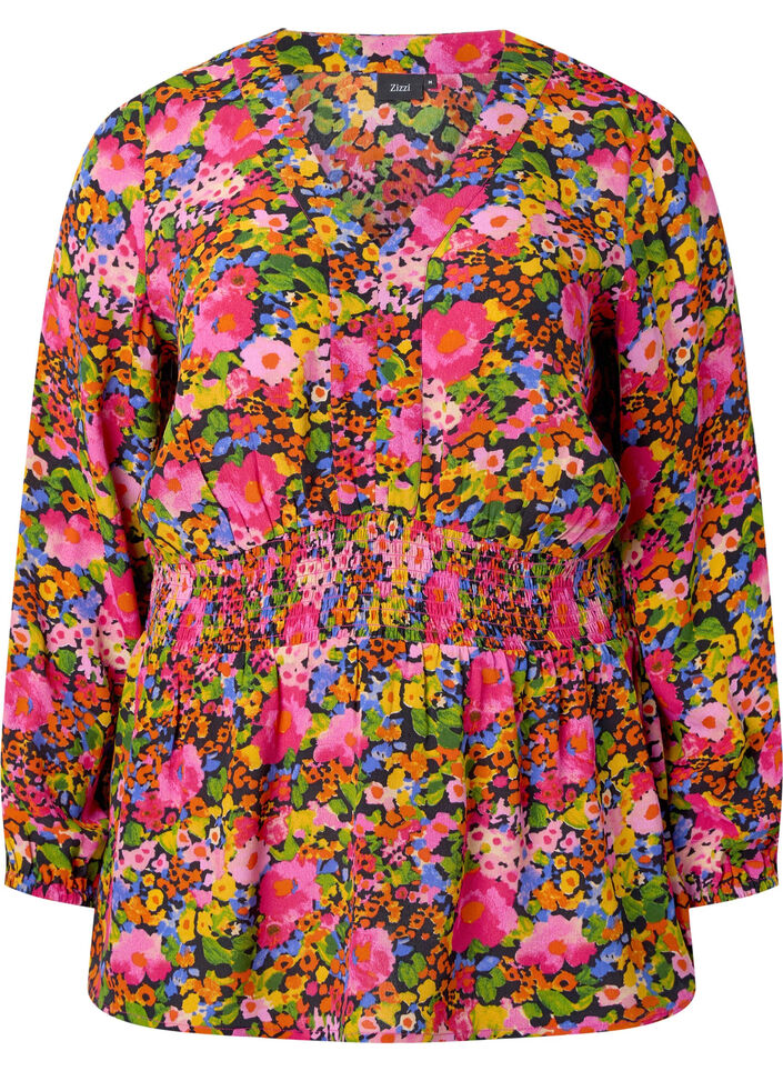 Viscose top with floral print and smock, Neon Flower Print, Packshot image number 0