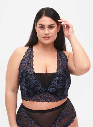 Bra with lace and mesh, Black w. blue lace, Model image number 0