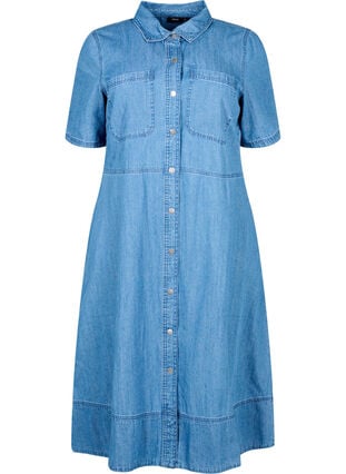 Denim shirt dress with short sleeves, Light Blue Denim, Packshot image number 0