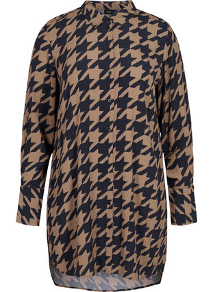 Long patterned viscose shirt, Brown Houndsthooth, Packshot image number 0