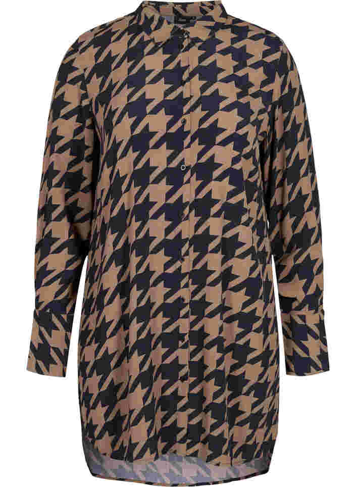 Long patterned viscose shirt, Brown Houndsthooth, Packshot