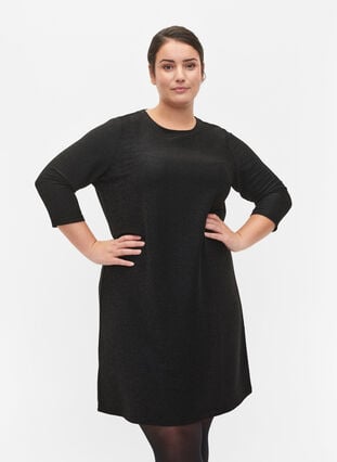 Glitter dress with 3/4 sleeves and round neckline, Black Black, Model image number 0