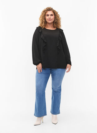Long sleeved blouse with ruffles, Black, Model image number 2