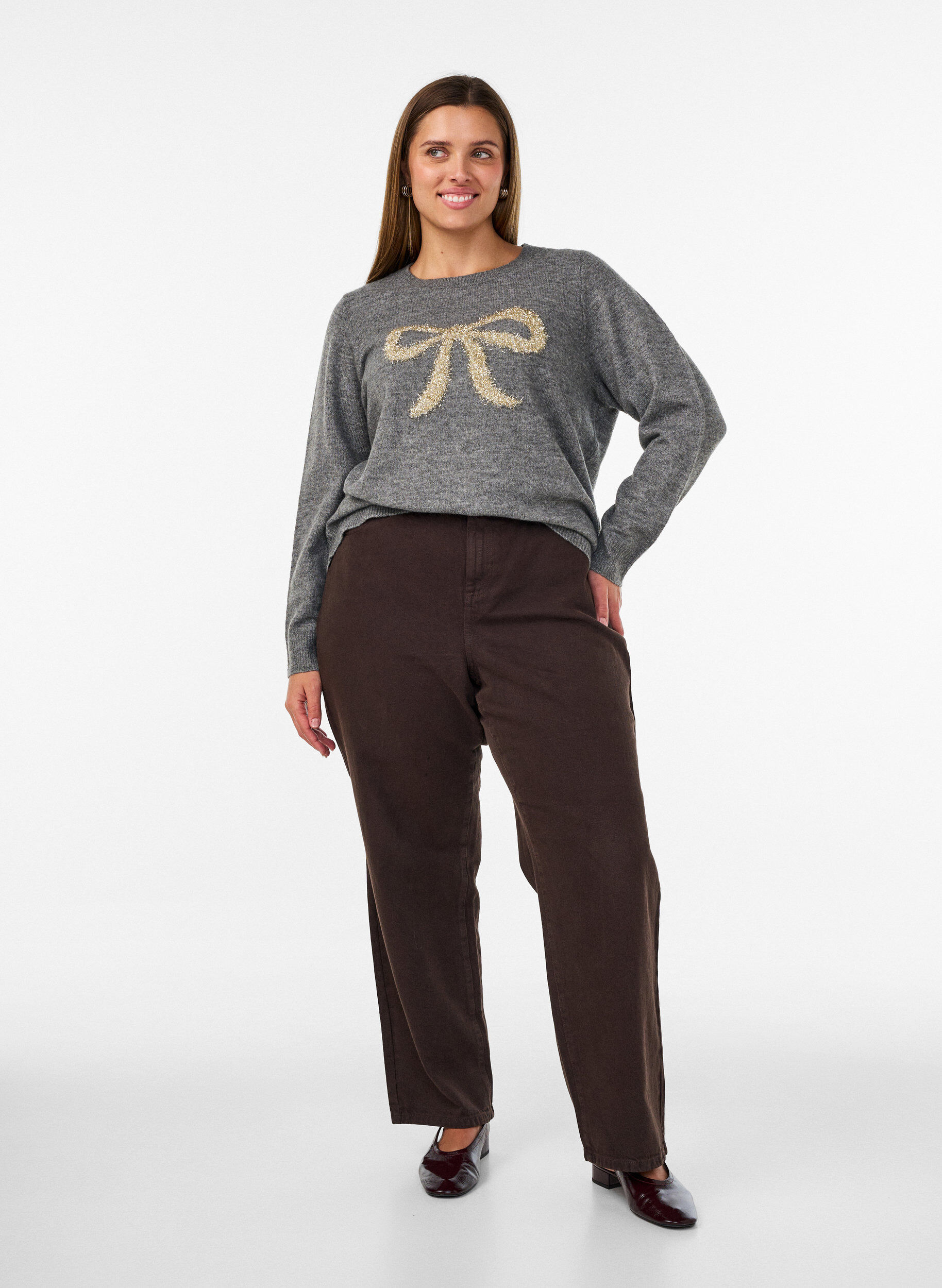 ZizzifashionKnitted blouse with glitter bow, Grey, Model image number 1