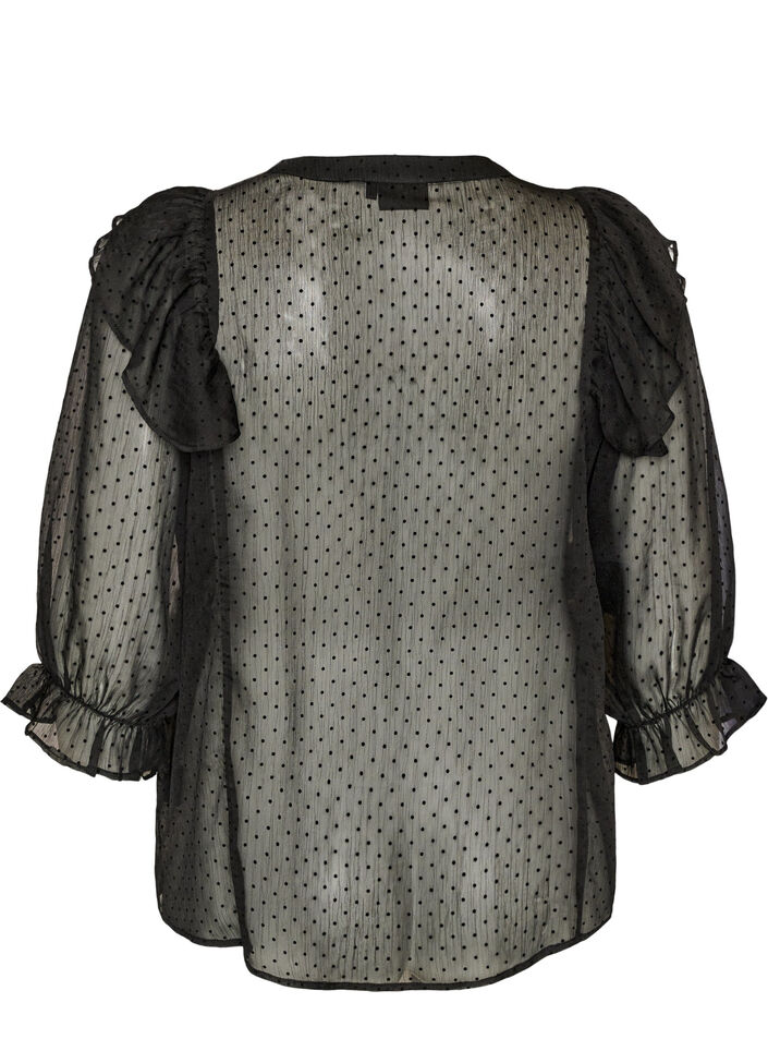 Sheer shirt blouse with dots and ruffle details, Black, Packshot image number 1