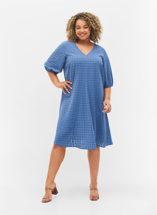 Crepe dress with v-neck and balloon sleeves, Moonlight Blue, Model image number 2
