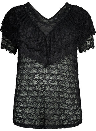 Short-sleeved blouse with frills, Black, Packshot image number 0