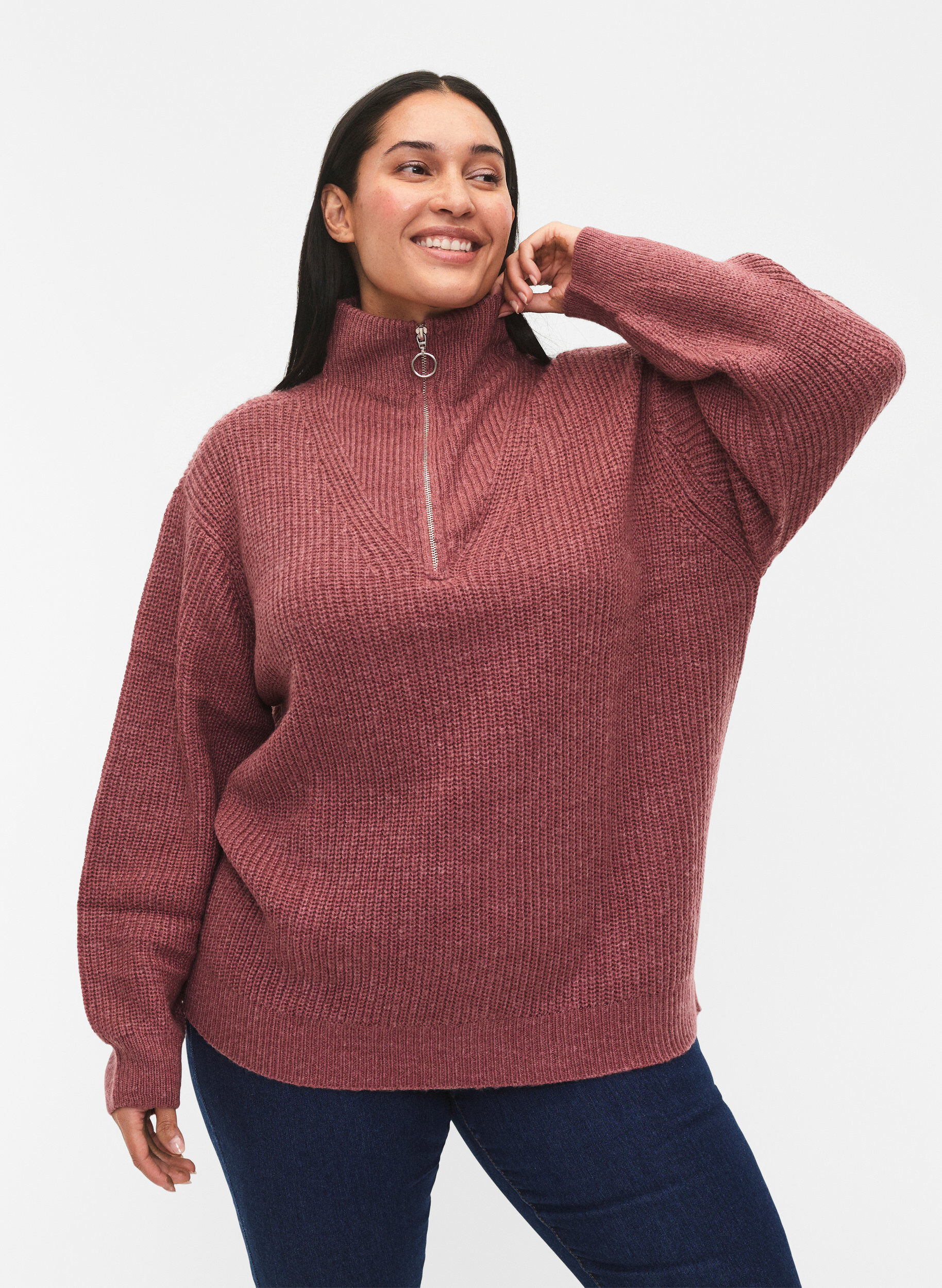ZizzifashionKnitted sweater with high neck and zipper, Red, Model image number 0
