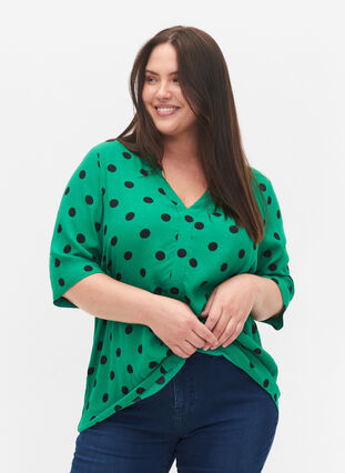 Polka dot viscose blouse, Jolly Green dot AOP, Model image number 0