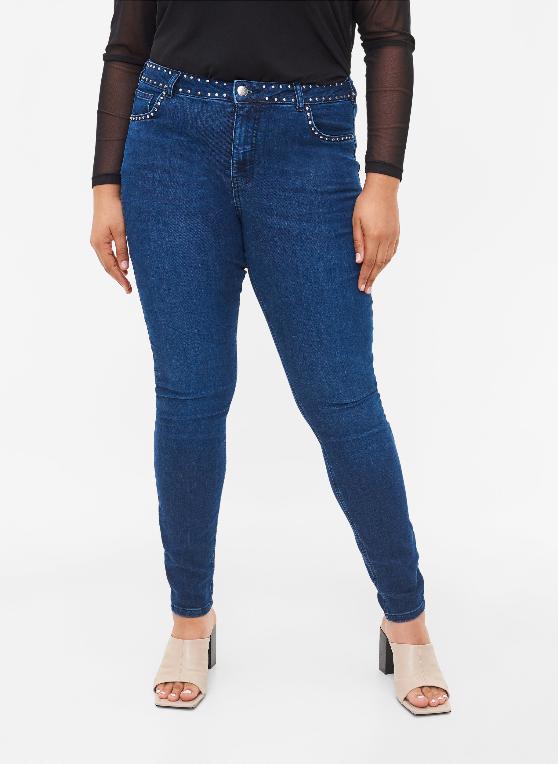 Zizzifashion Super slim Amy jeans with studs, Dark blue, Model image number 3