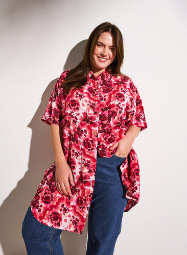 Long shirt with all-over print, Pink AOP Flower, Image image number 0