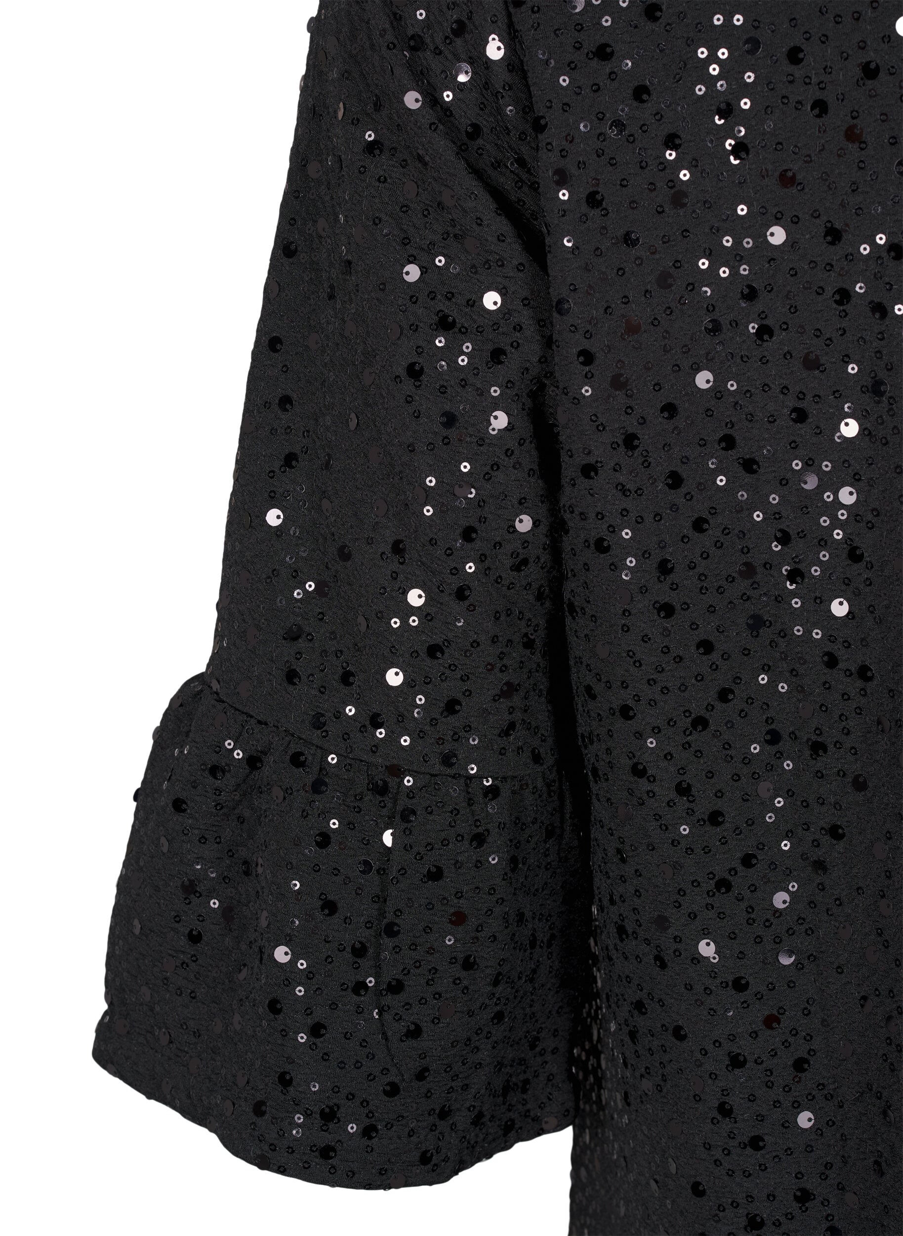 Zizzifashion Sequin dress with a V-neck and 3/4 sleeves, Black w. Bl. Sequins, Packshot image number 3