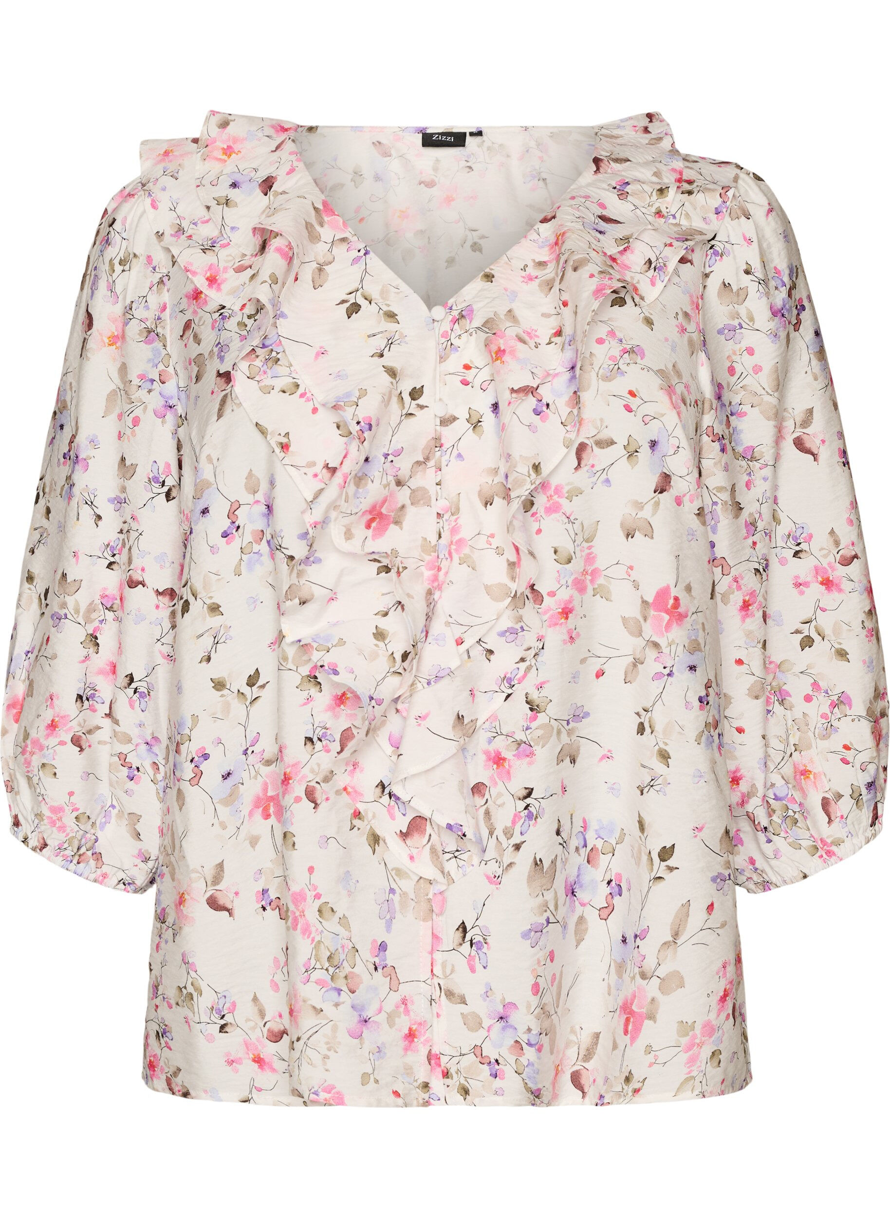 ZizzifashionViscose blouse with floral print and 3/4 sleeves, Vanilla, Packshot image number 0