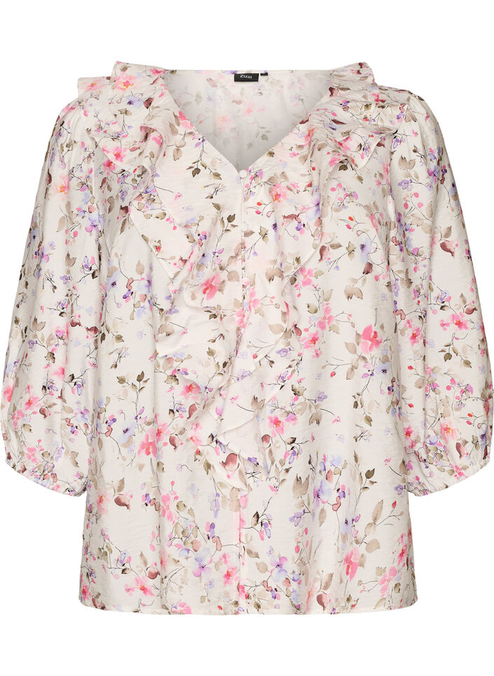 Viscose blouse with floral print and 3/4 sleeves, Vanilla, Packshot image number 0