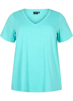 Short sleeve t-shirt with v-neckline, Turquoise, Packshot image number 0