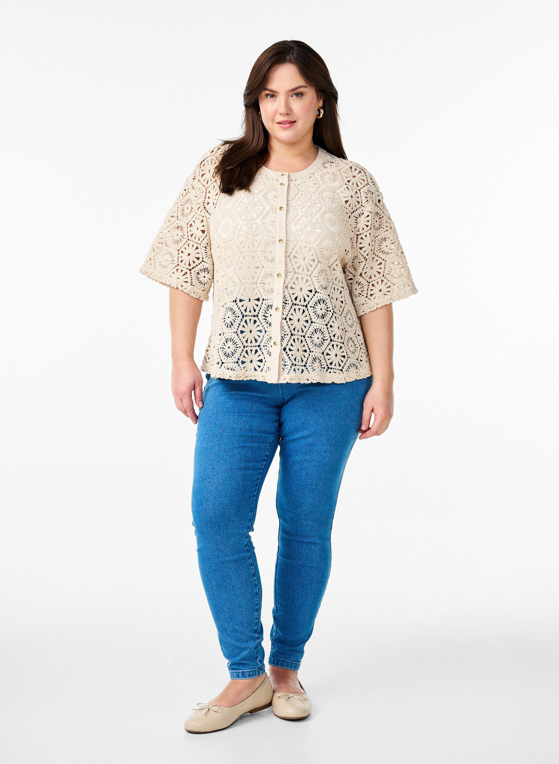 Zizzifashion Crochet cardigan with short sleeves, Beige, Model image number 1