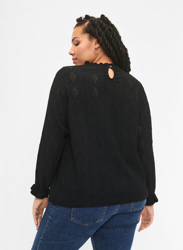 Blouse with ruffle details and tone-on-tone pattern, Black, Model image number 1